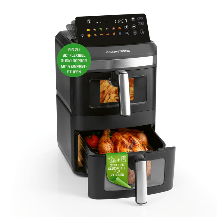 GOURMETmaxx FryUp XXL vertikale Doppelkammer Heissluftfritteuse - 12 L | Airfryer mit Sichtfenster,