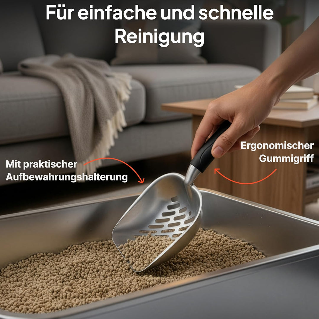 Edelstahl Katzenklo XXL - Grosse Geschlossene Katzentoilette mit Deckel, Premium Schaufel & Ergonomi