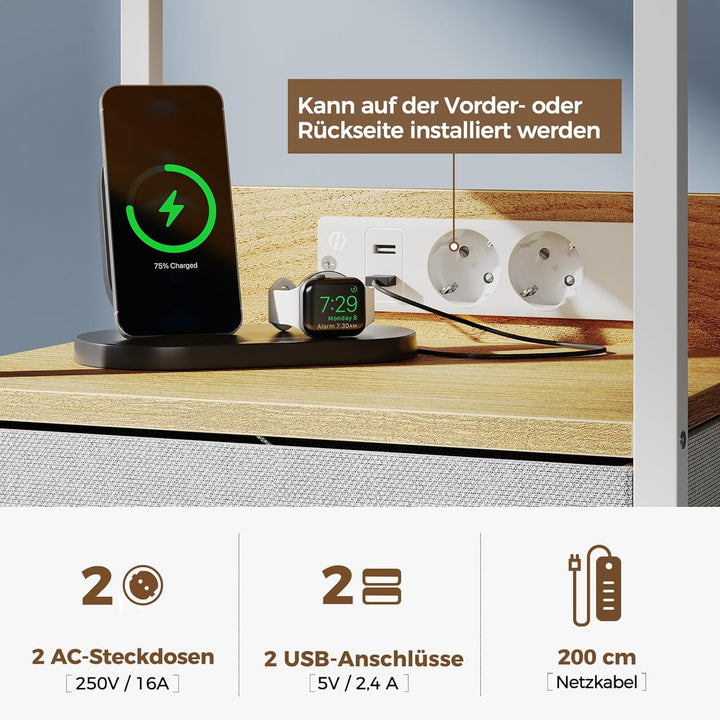 Rolanstar Nachttisch mit Ladefunktion, Beistelltisch mit LED-Leuchten, 2 Stoffschubladen & 3-stufige