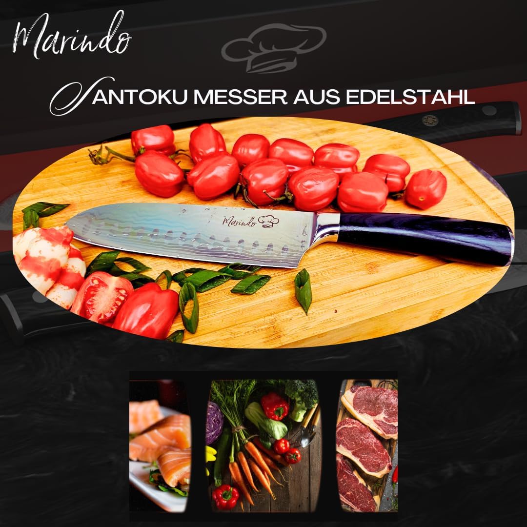 Marindo® Santoku Messer Edelstahl 17,8 cm Klinge | japanisches Küchenmesser mit Damastmesser Optik &