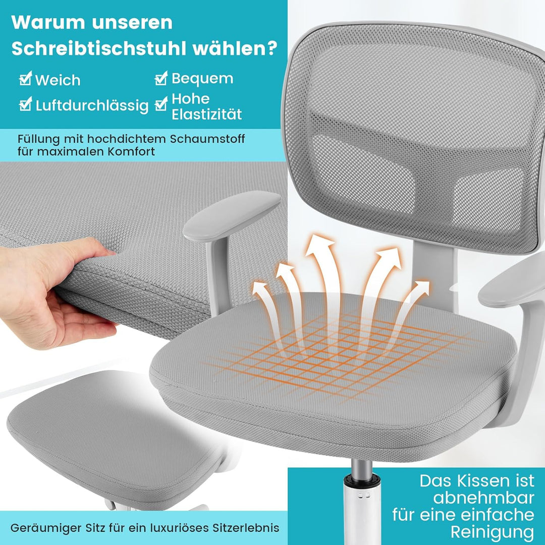 COSTWAY 360° Drehbarer Kinderschreibtischstuhl, 80-91,5 cm Höhenverstellbarer Jungendstuhl mit Rücke