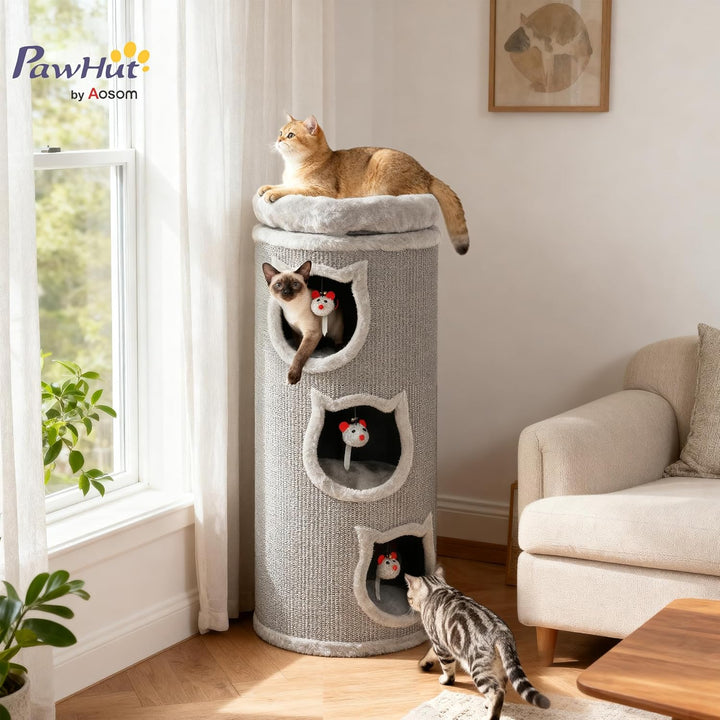 PawHut Kratztonne 96 cm Hoch Ø 38 cm vierstöckige Katzentonne mit Plüschrand, abnehmbarem und waschb