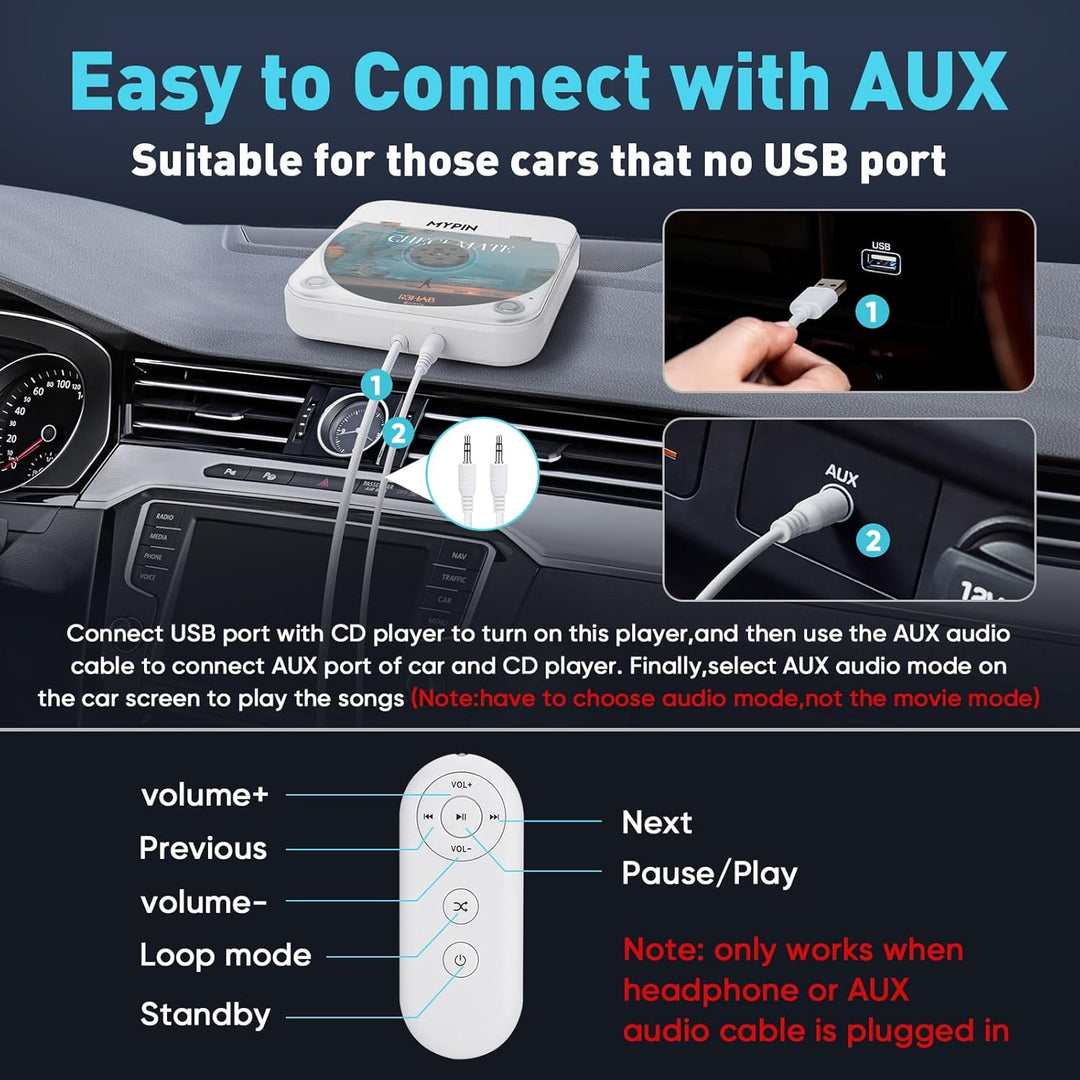 Tragbarer Auto-CD-Player mit USB-/AUX-Anschluss, MYPIN Externer CD-Player Kompatibel mit Autoradio,