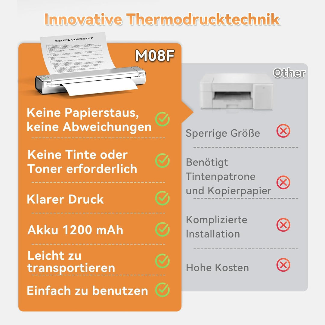 Odaro M08f Kabelloser Tragbarer Drucker Für Unterwegs, A4 Thermodrucker, Mobiler Bluetooth-Drucker,