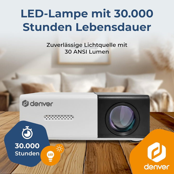 DENVER PR-1000 Mini Beamer, Unterstützt Full HD 1080p, Tragbarer LED Projektor mit HDMI, USB-C & Mic