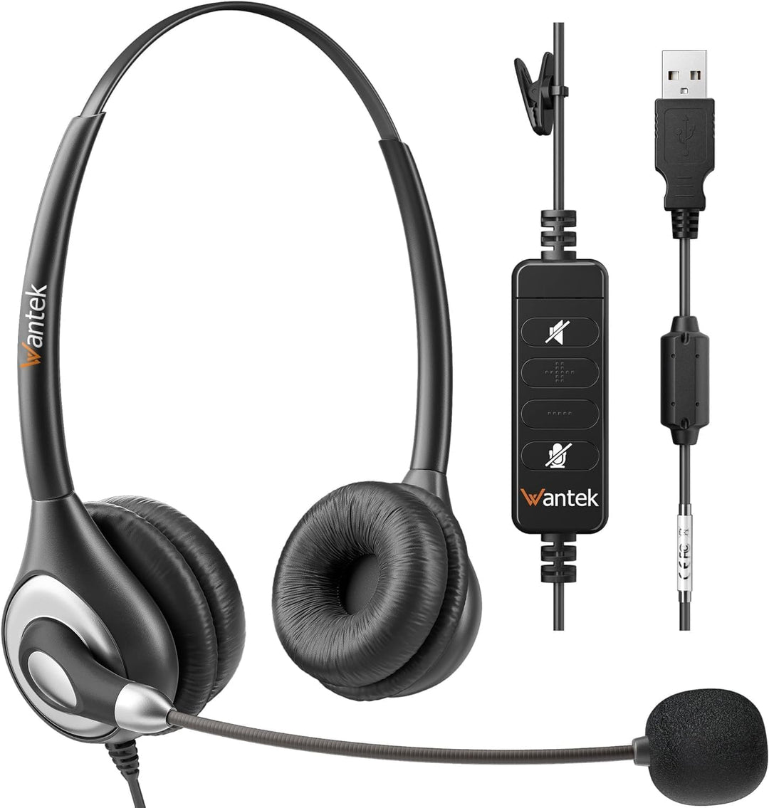 Wantek USB Headset mit Mikrofon für PC Laptop, Computer Headsets mit Mikrofon Noise Cancelling, Busi
