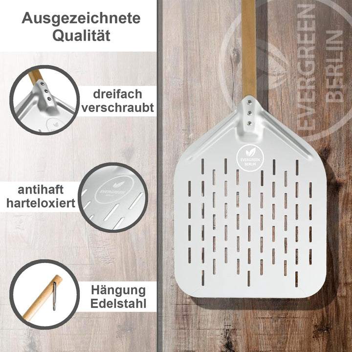 EVERGREEN BERLIN | DAS ORIGINAL - Pizzaschieber Perforiert - Pizzaschaufel gelocht aus Aluminium und