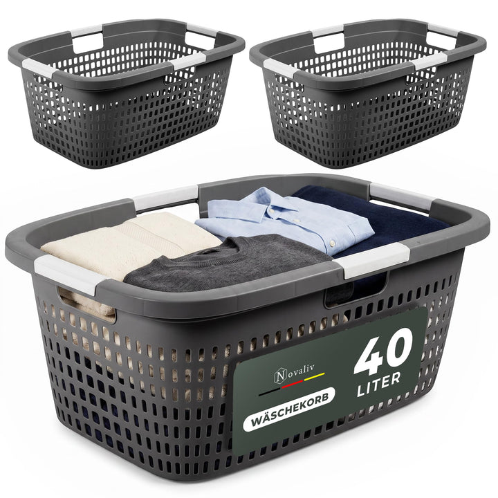 Novaliv 3 Stück Wäschekorb mit 4 Griffen 40L Anthrazit, Wäschebox Set Wäscheeimer Wäschebehälter für