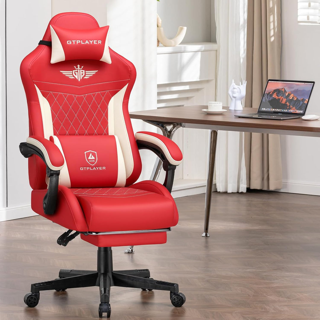GTPLAYER Gaming Stuhl, Ergonomischer Gamer Stuhl aus PU-Leder mit Lendenwirbelstütze, PC-Stuhl mit v