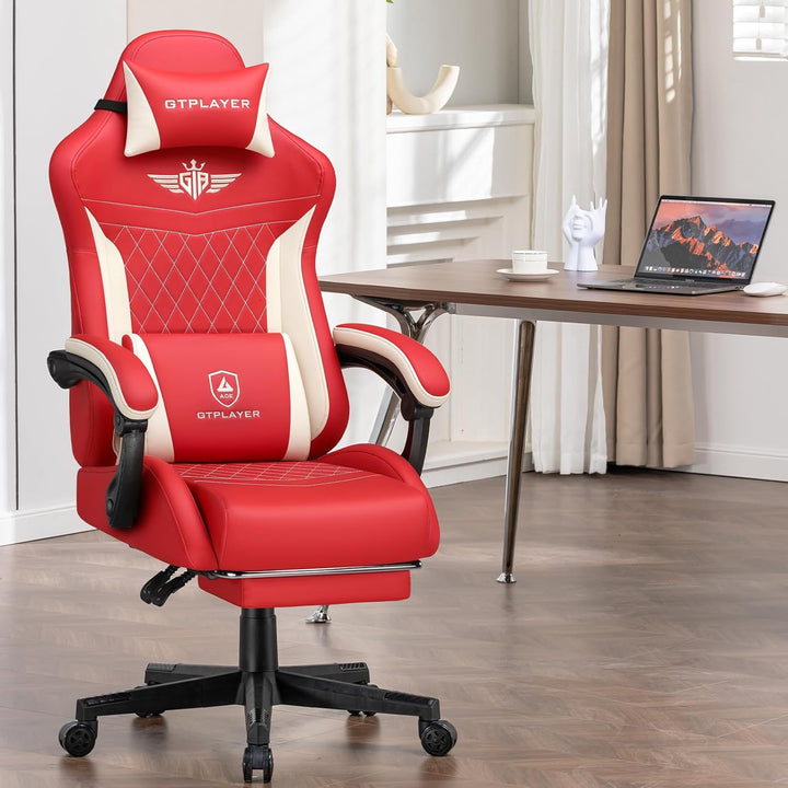 GTPLAYER Gaming Stuhl, Ergonomischer Gamer Stuhl aus PU-Leder mit Lendenwirbelstütze, PC-Stuhl mit v