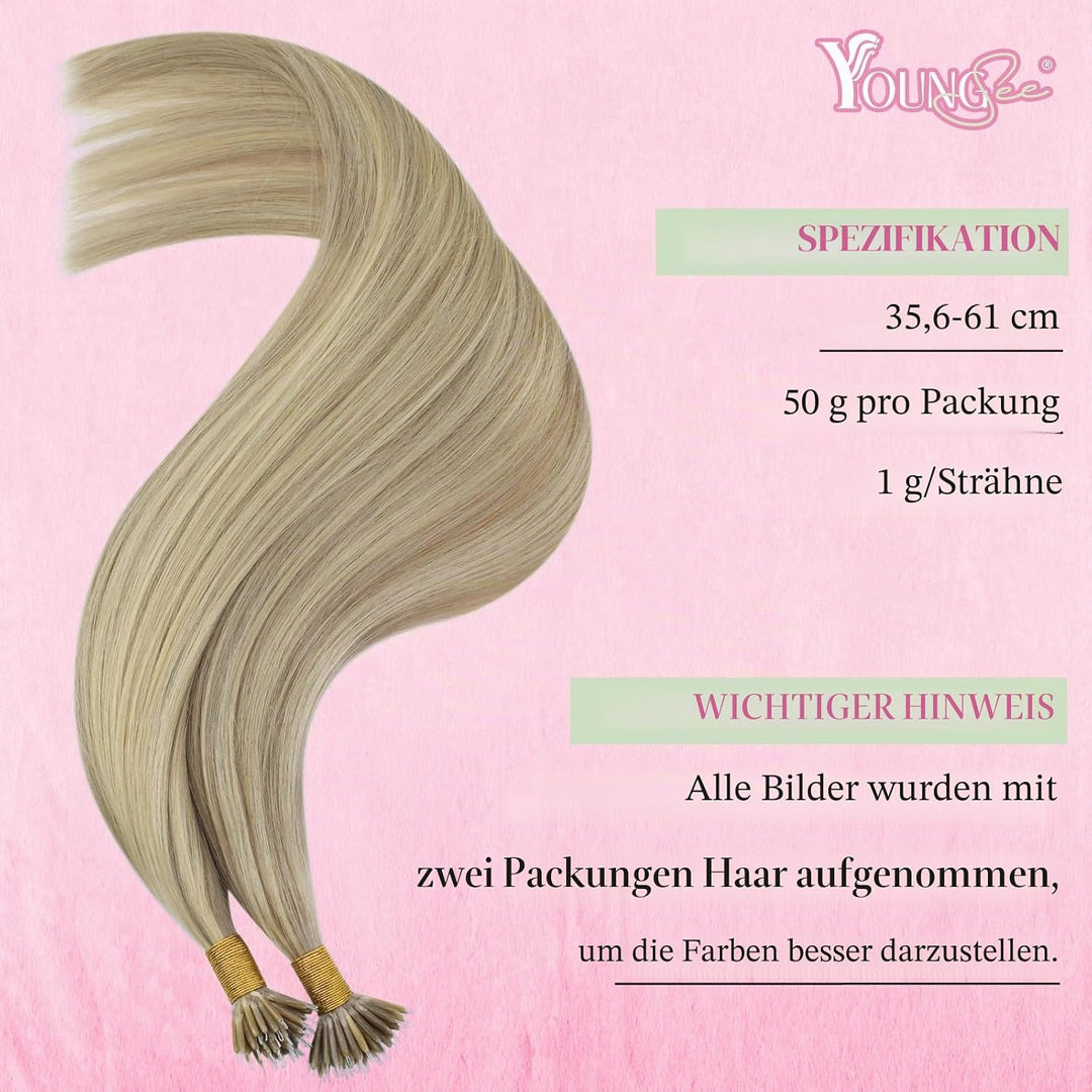 YoungSee Nano Extensions Echthaar Blond 55 cm Nanoring Extensions Echthaar Gesträhnt Goldblond Mit B