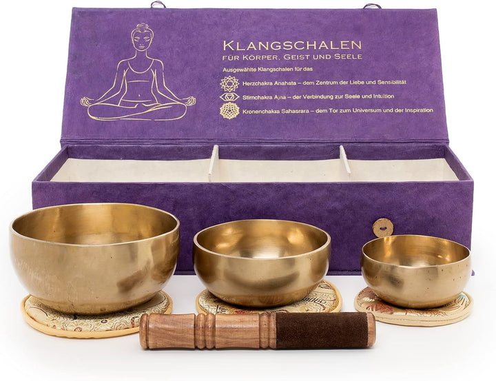 Körper-Geist-Seele-Box mit 3 feinen Klangschalen für das Herz-Chakra, das Stirn-Chakra und Kronencha
