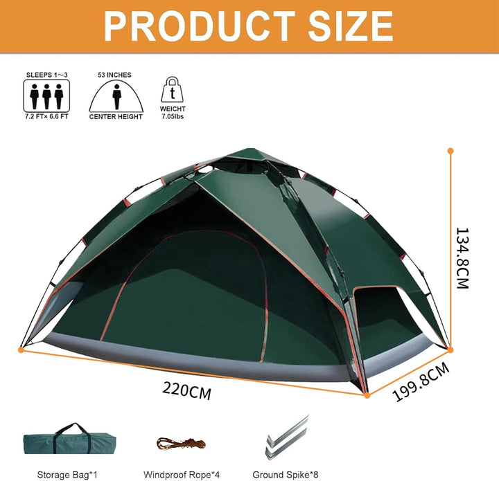 Campingzelt, automatisches Instant Pop up Zelt für 2-3 Personen, doppelschichtiges Wind und wasserdi