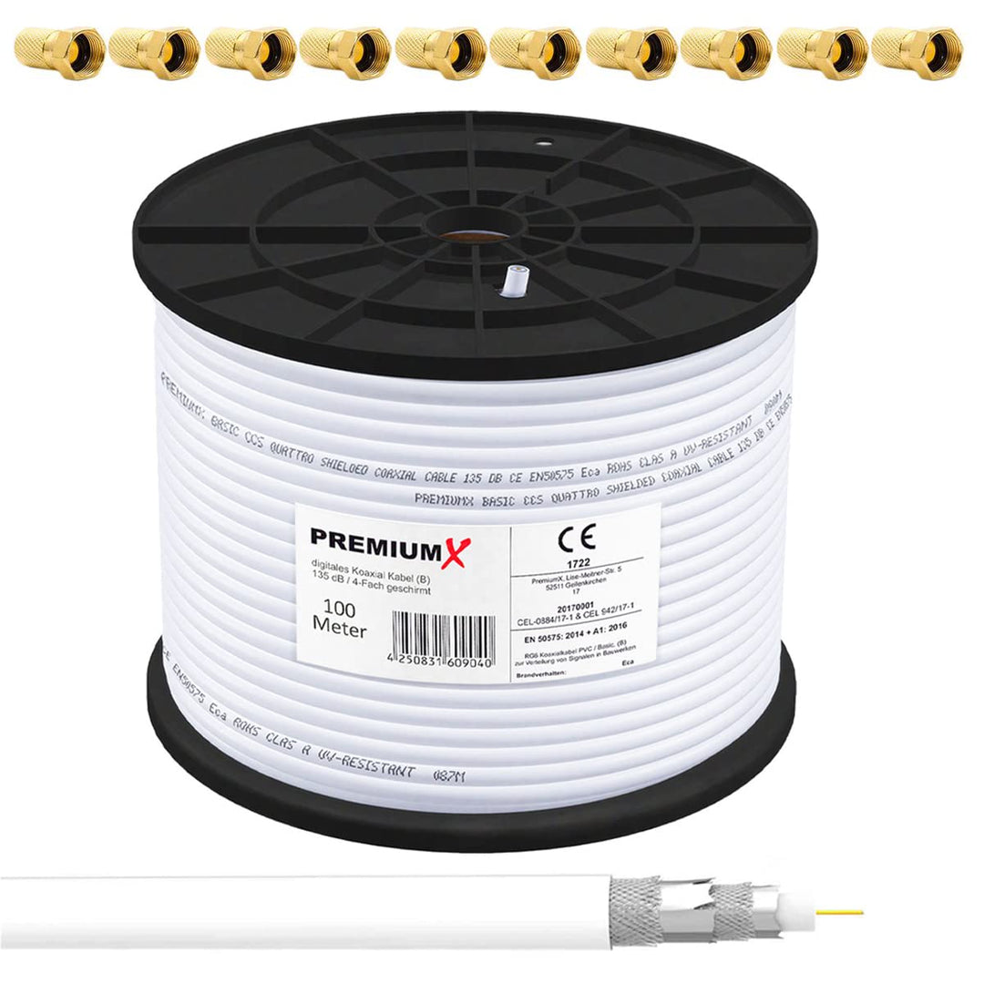 Premium X 100m BASIC Koaxialkabel 135dB 4-fach SAT Antennenkabel Koax-Kabel DVB-S / S2 DVB-C DVB-T B