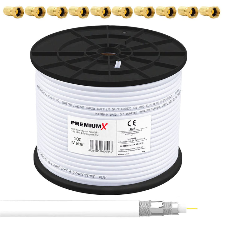 Premium X 100m BASIC Koaxialkabel 135dB 4-fach SAT Antennenkabel Koax-Kabel DVB-S / S2 DVB-C DVB-T B