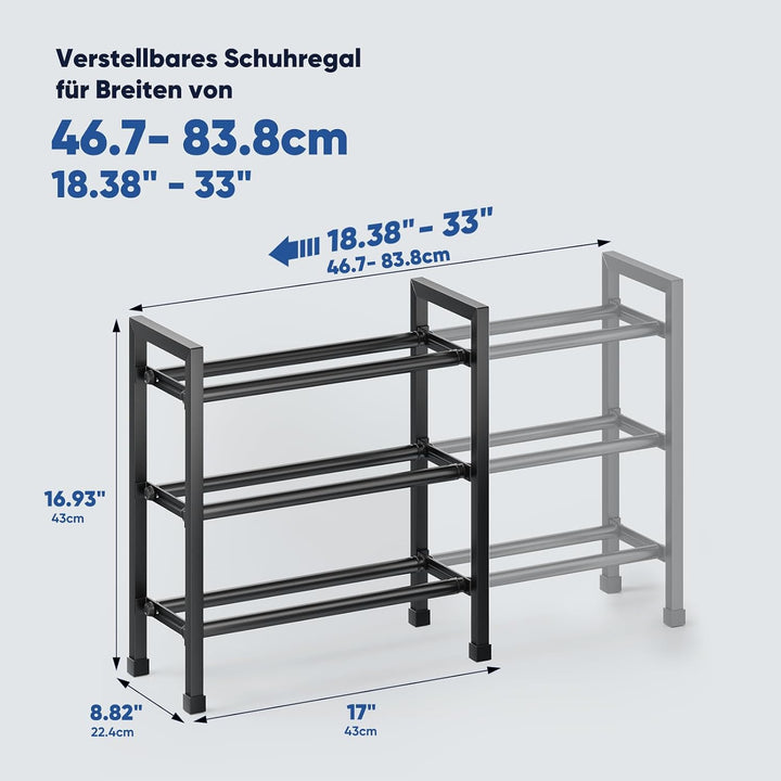 Schuhregal Platzsparend, 3 Etagen Schuhablage Ausziehbar 46.7-83.8cm | Schuhaufbewahrung Metall für