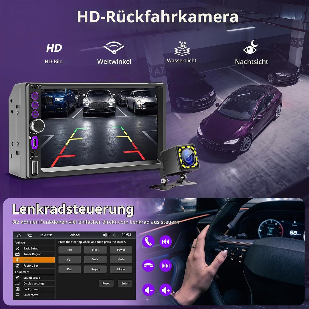 Autoradio 2 DIN mit Wireless CarPlay und Android Auto, 7 Zoll Touchscreen Bildschirm, Bluetooth Frei