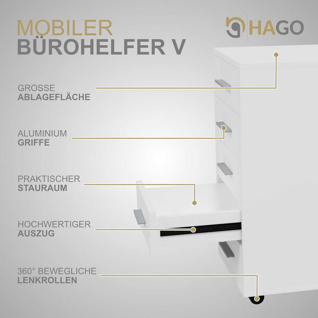 HAGO24 | Rollcontainer | Bürocontainer | Büroschrank | Aktenschrank | Rollschrank | 5 Schubladen | A