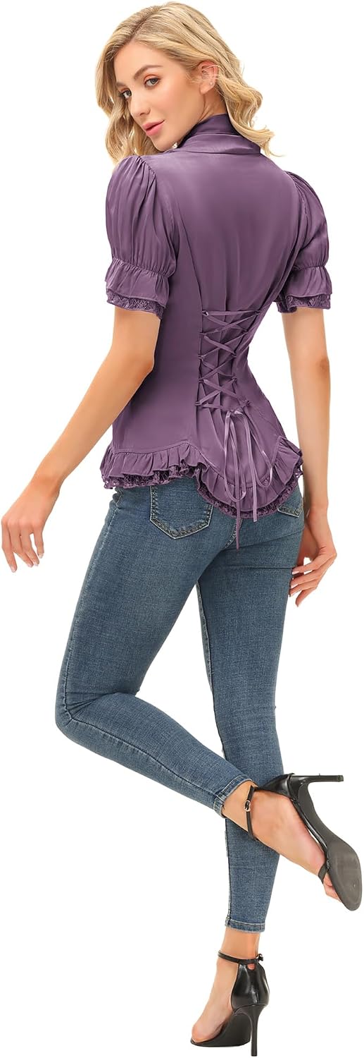 SCARLET DARKNESS Damen Rüschenbluse Mittelalter Spitzen Shirt Gothic Bluse für Party Oberteil, Lila
