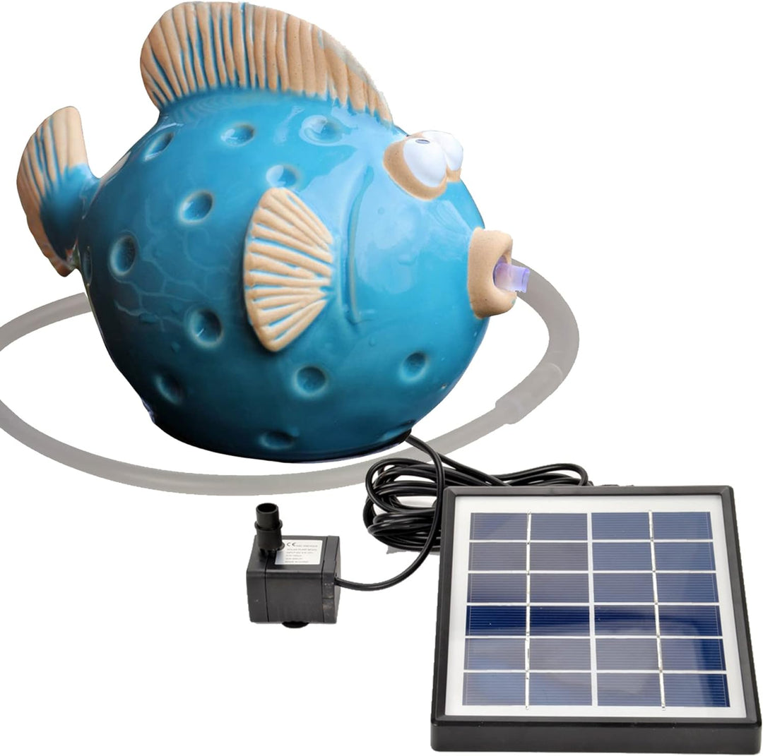 Storm's Gartenzaubereien Wasserspeier Fisch mit Solarpumpe blau aus Keramik für Miniteich oder Weinf