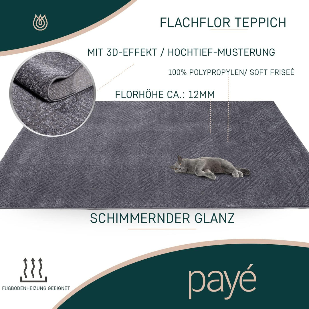 payé Teppich Wohnzimmer Einfarbig - 120x160cm - Grau Uni Geometrisch Wellen Muster Modern Kurzflor D