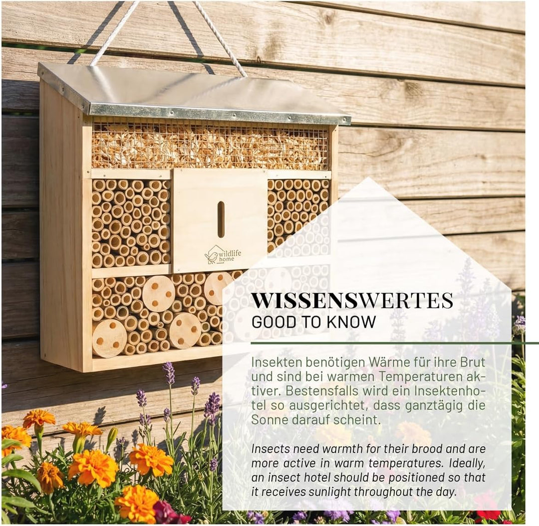 WILDLIFE HOME Bienenhotel Insektenhotel mit Metalldach - 2er Set I Unbehandelt, Bienenhaus aus Massi
