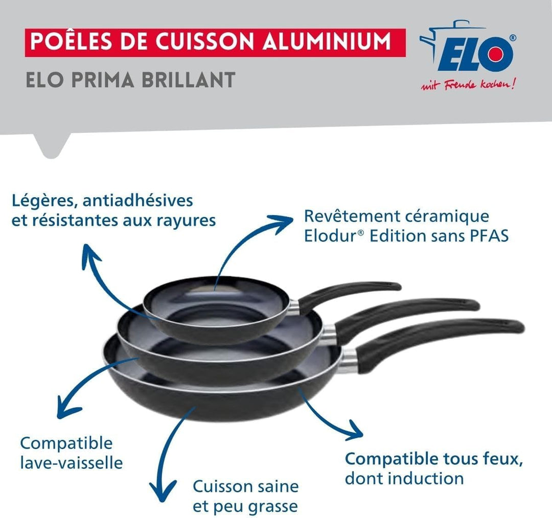 ELO 9749250 Kochgeschirr-Set, 7-teilig, 3 Bratpfannen 20, 28 und 32 cm, 4 Kochtöpfe 12, 14, 20 und 2