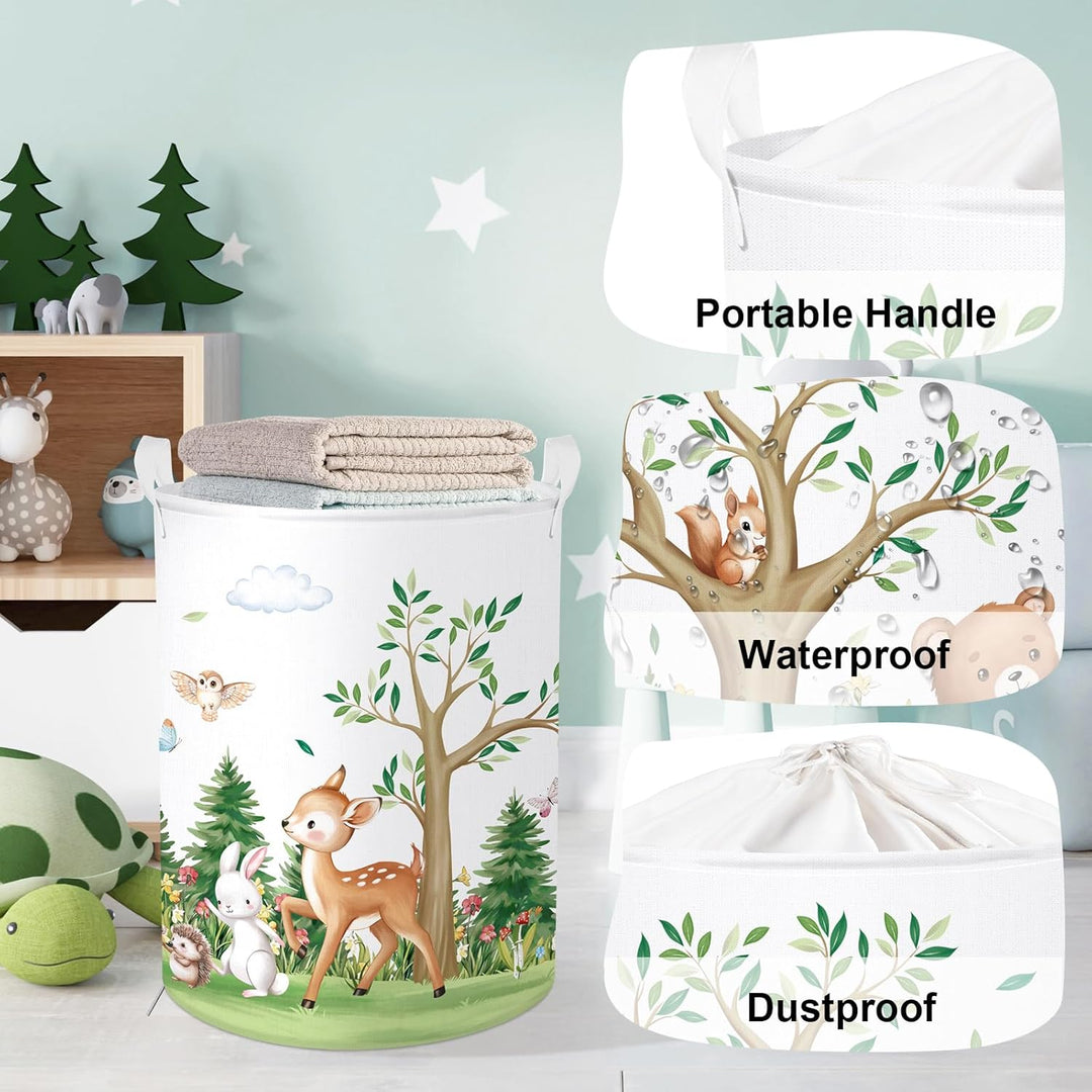 HUUMONSS Süsses Waldtier Gross Wäschekorb Baum Laub Stoff Aufbewahrungskorb Kleidung Spielzeug Aufbe