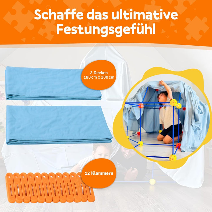 Fort Bausatz XL + Erweiterungspaket, 191 Teile, Höhle Bauen Kinder, Stecksystem Spielzelt Indoor & O