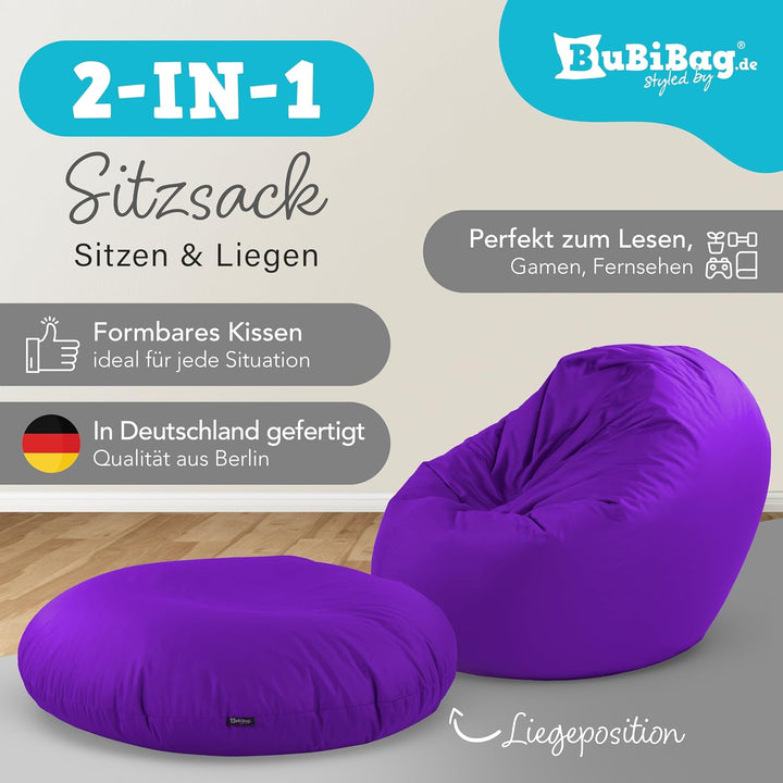BuBiBag 2in1 Sitzsack L - XXL mit Füllung für Kinder &amp; Erwachsene, Gaming Beanbag &amp; Bodenkissen für