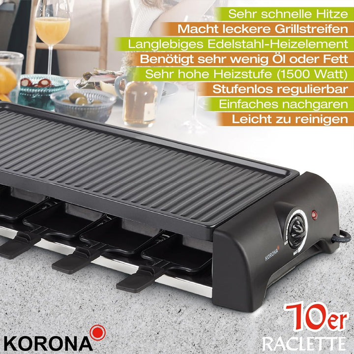Korona 45060 Raclette für 10 Personen | XXL-Raclette mit 10 Pfannen & Holzspateln | Antihaftbeschich