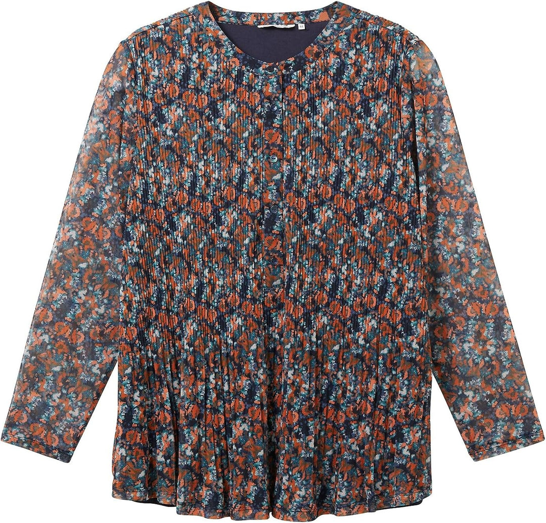 TOM TAILOR Damen 1039920 Mesh-Langarmshirt Bluse mit Muster (1er Pack) 48 32370 - Navy Small Tie Dye
