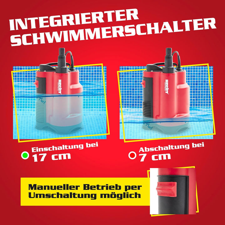 HECHT Tauchpumpe 750 W – 13 000 l/h Schmutzwasser &amp; Klarwasser Automatik-Schwimmerschalter – Bis 9 m