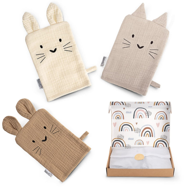 Räuberella Baby Waschlappen 3er Set aus Musselin Geschenk zur Geburt (Braun-Beige-Creme), Braun-beig