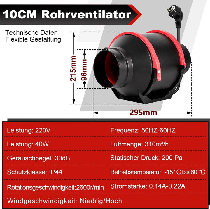 Ø100mm Rohrventilator mit Fernbedienung – 310m³/h Abluftventilator, Leise, Wasserdicht, 2-Gang Regle