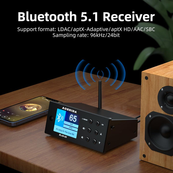 AOSHIDA BLAD-S5 FM Radio Bluetooth Empfänger, ES9038 CS8406 Wireless Audio Adapter, FM/BT to RCA/Koa