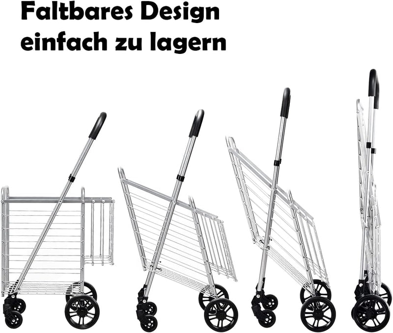 GOPLUS Klappbarer Einkaufswagen, Einkaufstrolley mit Verstellbarem Griff & 4 Universalrädern, Rollwa