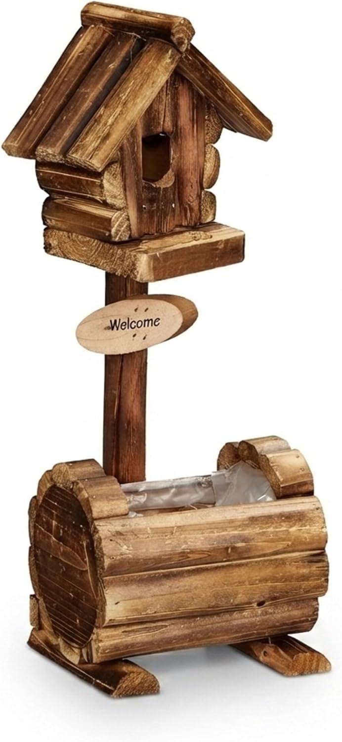 Relaxdays Deko Vogelhaus mit Blumentopf, Tannenholz, rustikales Design, HxBxT: 41 x 15 x 15 cm, Deko
