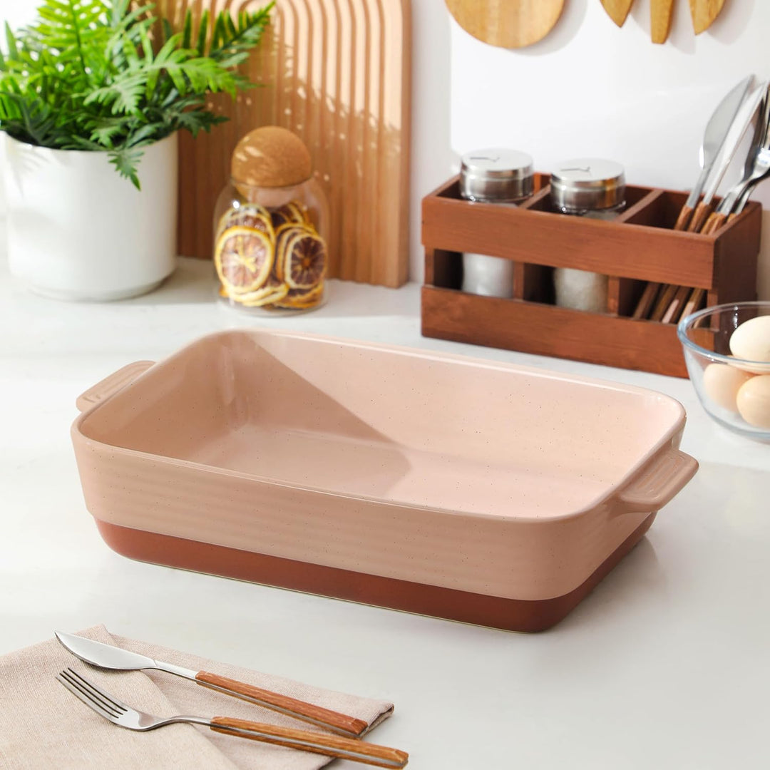 MALACASA, Serie TARA, Rosa Auflaufform Gross, 4.5L Backformen, Auflaufformen rechteckig aus Steingut