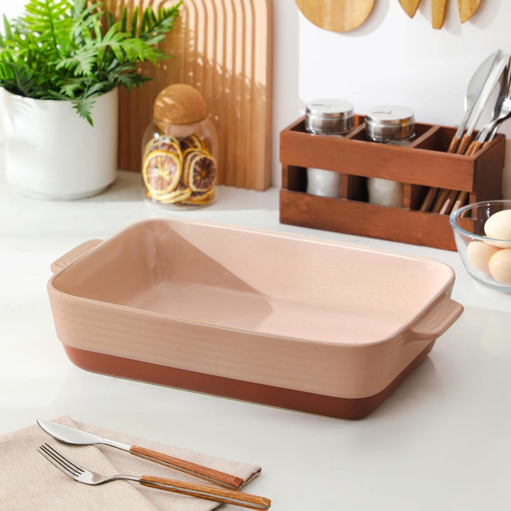 MALACASA, Serie TARA, Rosa Auflaufform Gross, 4.5L Backformen, Auflaufformen rechteckig aus Steingut