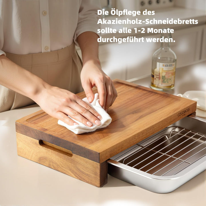 COCOBOSS Schneidebrett Holz mit Auffangschale, 35,5x25x8.7cm Akazien Schneidebrett mit Auffangschale