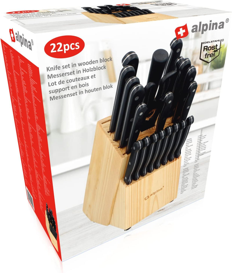 alpina Messerblock aus Holz - Bestückt für Küchen - Kochmesser - Messer Set, Holz