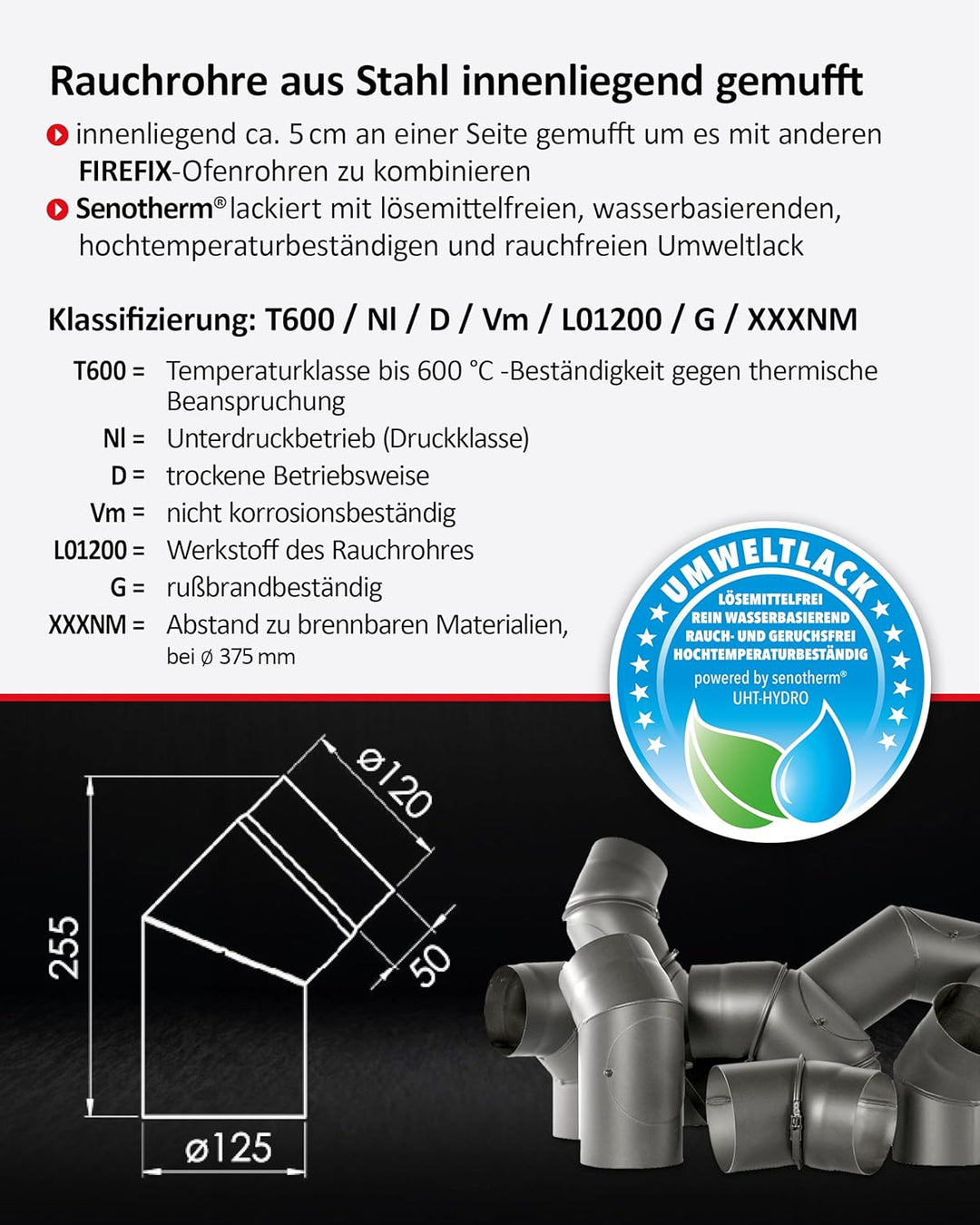 FIREFIX R120/B4O Ofenrohrbogen aus 2 mm starken Stahl (Rauchrohr) in 120 mm Durchmesser, für Kaminöf
