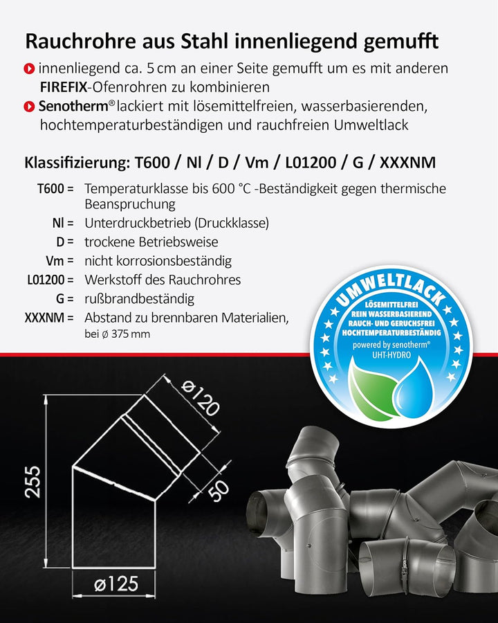 FIREFIX R120/B4O Ofenrohrbogen aus 2 mm starken Stahl (Rauchrohr) in 120 mm Durchmesser, für Kaminöf