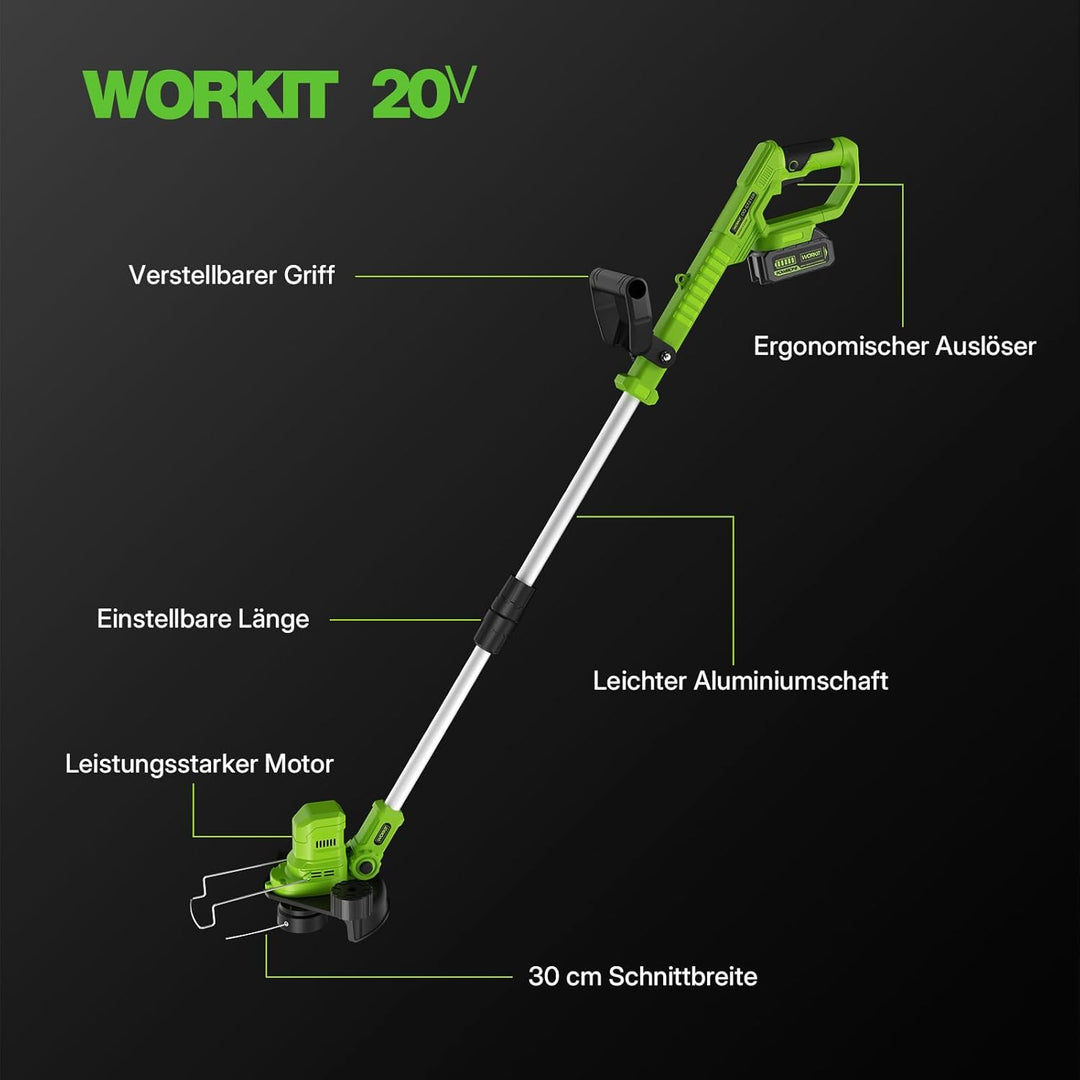 WORKIT 20V Akku Rasentrimmer mit Akku und Ladegerät, 2-in-1 Freischneider Akku, Bürstenloser Motor,
