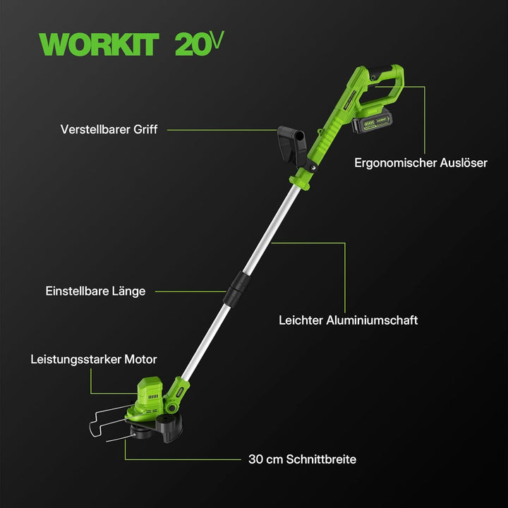 WORKIT 20V Akku Rasentrimmer mit Akku und Ladegerät, 2-in-1 Freischneider Akku, Bürstenloser Motor,