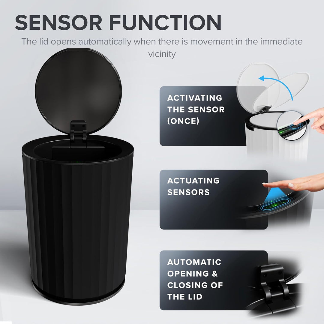 Sensor Badeimer Senja | Schwarz | Sensor Mülleimer | Kosmetikeimer rund | Eimer mit Deckel | 7l (Lit