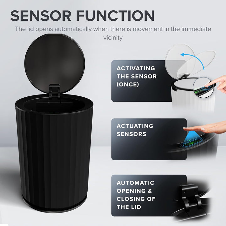 Sensor Badeimer Senja | Schwarz | Sensor Mülleimer | Kosmetikeimer rund | Eimer mit Deckel | 7l (Lit
