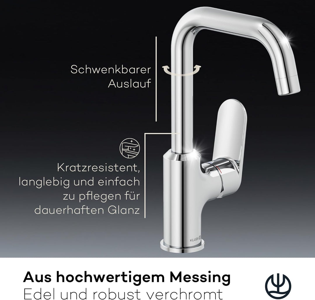 KLUDI-X1 Waschtischarmatur, 360° schwenkbar, Auslaufhöhe 205 mm, wassersparender Wasserhahn Bad Grös