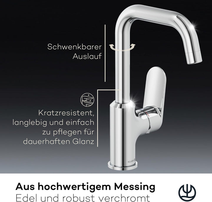 KLUDI-X1 Waschtischarmatur, 360° schwenkbar, Auslaufhöhe 205 mm, wassersparender Wasserhahn Bad Grös